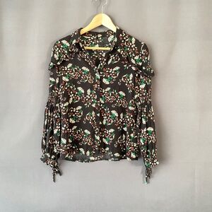 RolyPoly Small Black Floral Blouse Elastic Arm Cuff Wrist Ties Button Down Boho